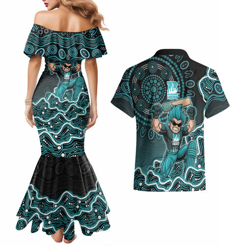 Brisbane Heat Cricket Mascot Couples Matching Mermaid Dress and Hawaiian Shirt Aboriginal Dot Art Cyan And Black Tribal Pattern