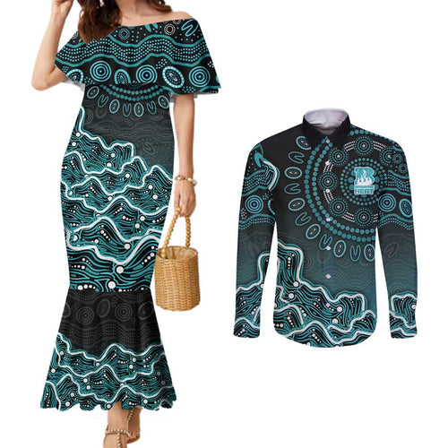 Brisbane Heat Cricket Mascot Couples Matching Mermaid Dress and Long Sleeve Button Shirt Aboriginal Dot Art Cyan And Black Tribal Pattern