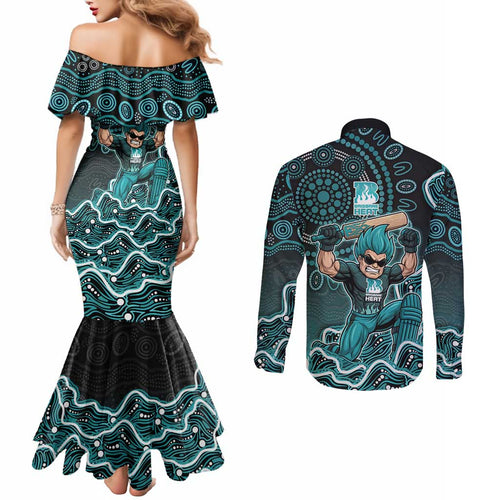Brisbane Heat Cricket Mascot Couples Matching Mermaid Dress and Long Sleeve Button Shirt Aboriginal Dot Art Cyan And Black Tribal Pattern