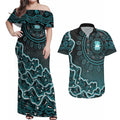 Brisbane Heat Cricket Mascot Couples Matching Off Shoulder Maxi Dress and Hawaiian Shirt Aboriginal Dot Art Cyan And Black Tribal Pattern