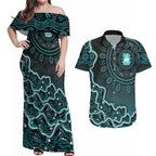 Brisbane Heat Cricket Mascot Couples Matching Off Shoulder Maxi Dress and Hawaiian Shirt Aboriginal Dot Art Cyan And Black Tribal Pattern