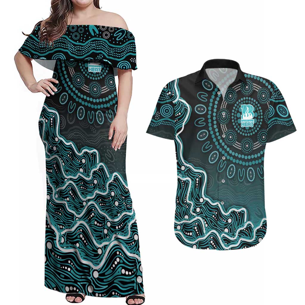 Brisbane Heat Cricket Mascot Couples Matching Off Shoulder Maxi Dress and Hawaiian Shirt Aboriginal Dot Art Cyan And Black Tribal Pattern