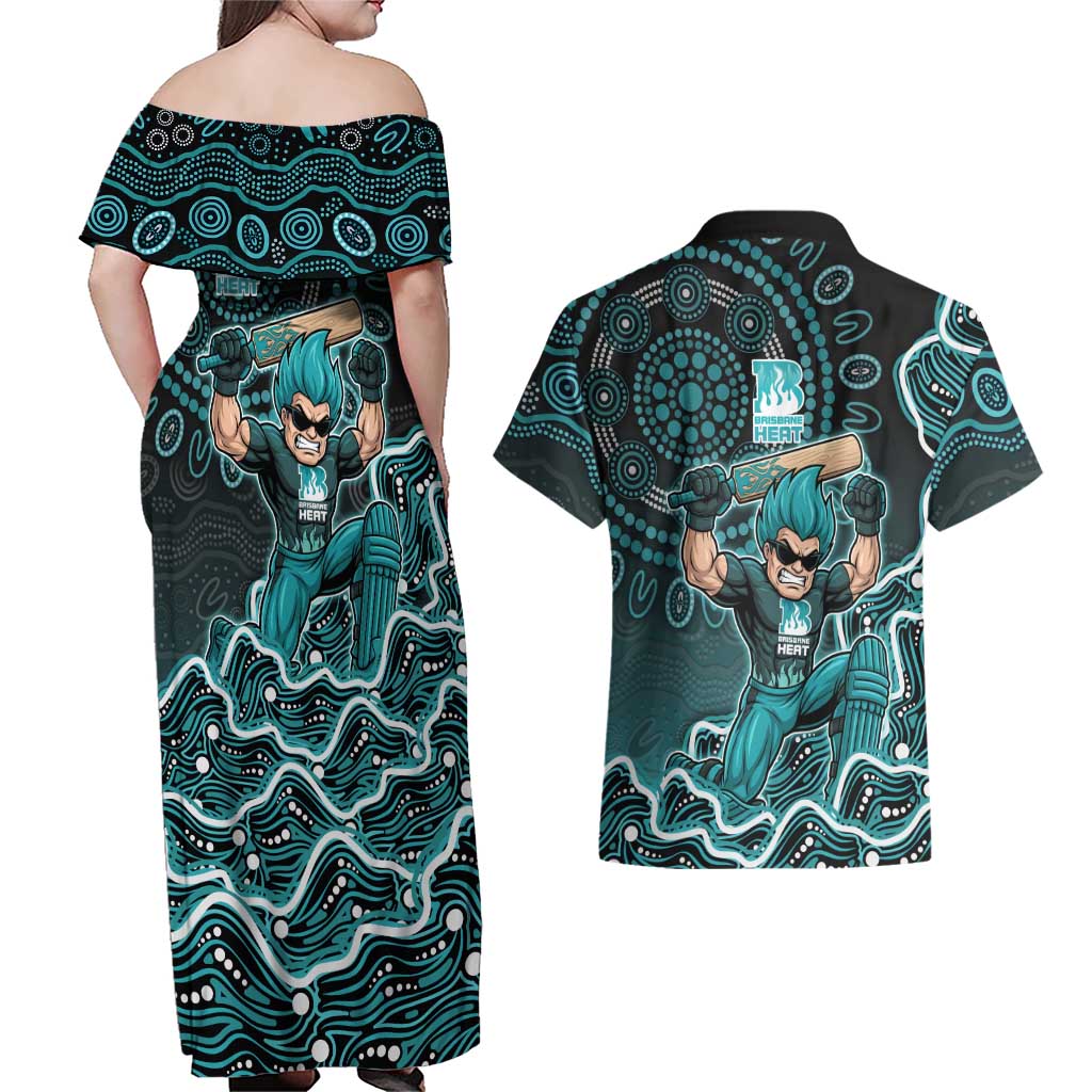 Brisbane Heat Cricket Mascot Couples Matching Off Shoulder Maxi Dress and Hawaiian Shirt Aboriginal Dot Art Cyan And Black Tribal Pattern