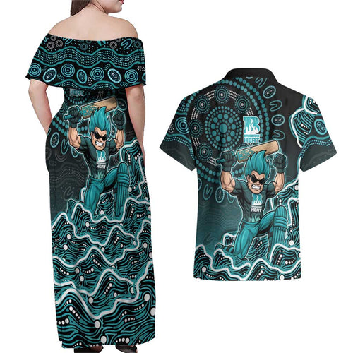Brisbane Heat Cricket Mascot Couples Matching Off Shoulder Maxi Dress and Hawaiian Shirt Aboriginal Dot Art Cyan And Black Tribal Pattern