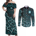 Brisbane Heat Cricket Mascot Couples Matching Off Shoulder Maxi Dress and Long Sleeve Button Shirt Aboriginal Dot Art Cyan And Black Tribal Pattern