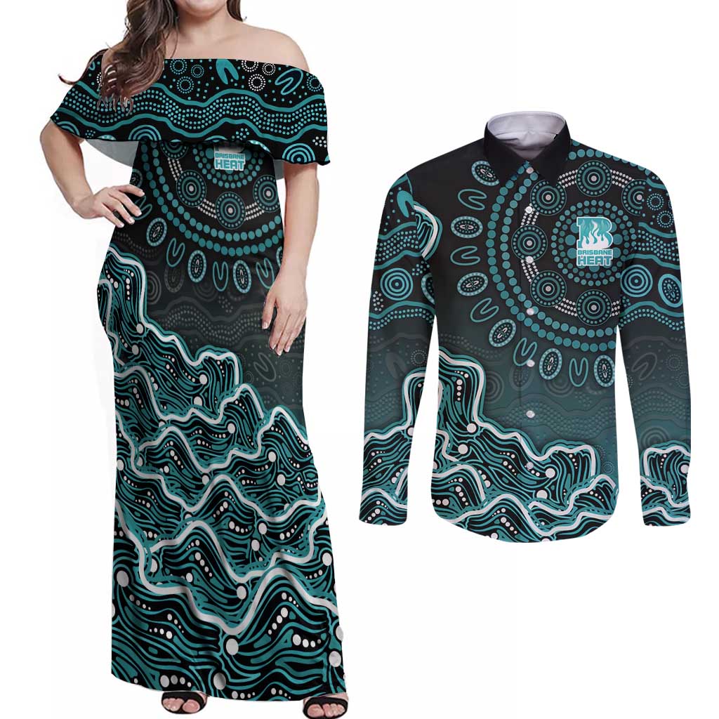 Brisbane Heat Cricket Mascot Couples Matching Off Shoulder Maxi Dress and Long Sleeve Button Shirt Aboriginal Dot Art Cyan And Black Tribal Pattern