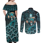 Brisbane Heat Cricket Mascot Couples Matching Off Shoulder Maxi Dress and Long Sleeve Button Shirt Aboriginal Dot Art Cyan And Black Tribal Pattern