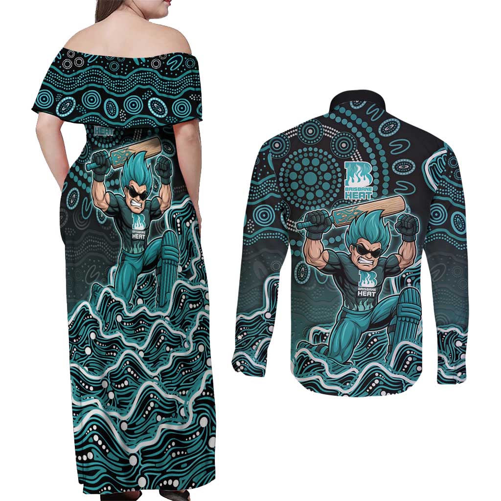 Brisbane Heat Cricket Mascot Couples Matching Off Shoulder Maxi Dress and Long Sleeve Button Shirt Aboriginal Dot Art Cyan And Black Tribal Pattern