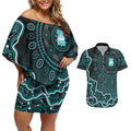 Brisbane Heat Cricket Mascot Couples Matching Off Shoulder Short Dress and Hawaiian Shirt Aboriginal Dot Art Cyan And Black Tribal Pattern