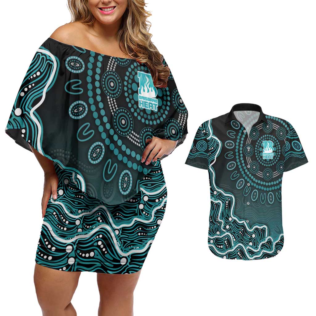 Brisbane Heat Cricket Mascot Couples Matching Off Shoulder Short Dress and Hawaiian Shirt Aboriginal Dot Art Cyan And Black Tribal Pattern