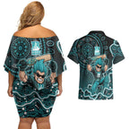 Brisbane Heat Cricket Mascot Couples Matching Off Shoulder Short Dress and Hawaiian Shirt Aboriginal Dot Art Cyan And Black Tribal Pattern