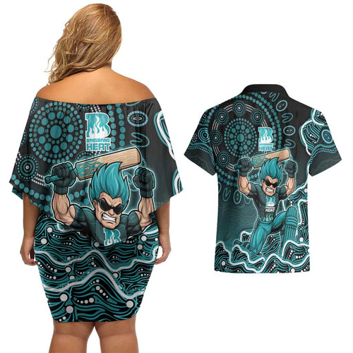 Brisbane Heat Cricket Mascot Couples Matching Off Shoulder Short Dress and Hawaiian Shirt Aboriginal Dot Art Cyan And Black Tribal Pattern
