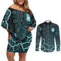 Brisbane Heat Cricket Mascot Couples Matching Off Shoulder Short Dress and Long Sleeve Button Shirt Aboriginal Dot Art Cyan And Black Tribal Pattern