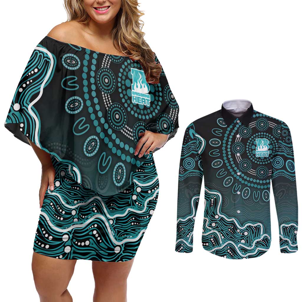 Brisbane Heat Cricket Mascot Couples Matching Off Shoulder Short Dress and Long Sleeve Button Shirt Aboriginal Dot Art Cyan And Black Tribal Pattern