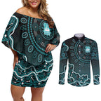 Brisbane Heat Cricket Mascot Couples Matching Off Shoulder Short Dress and Long Sleeve Button Shirt Aboriginal Dot Art Cyan And Black Tribal Pattern