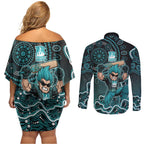 Brisbane Heat Cricket Mascot Couples Matching Off Shoulder Short Dress and Long Sleeve Button Shirt Aboriginal Dot Art Cyan And Black Tribal Pattern