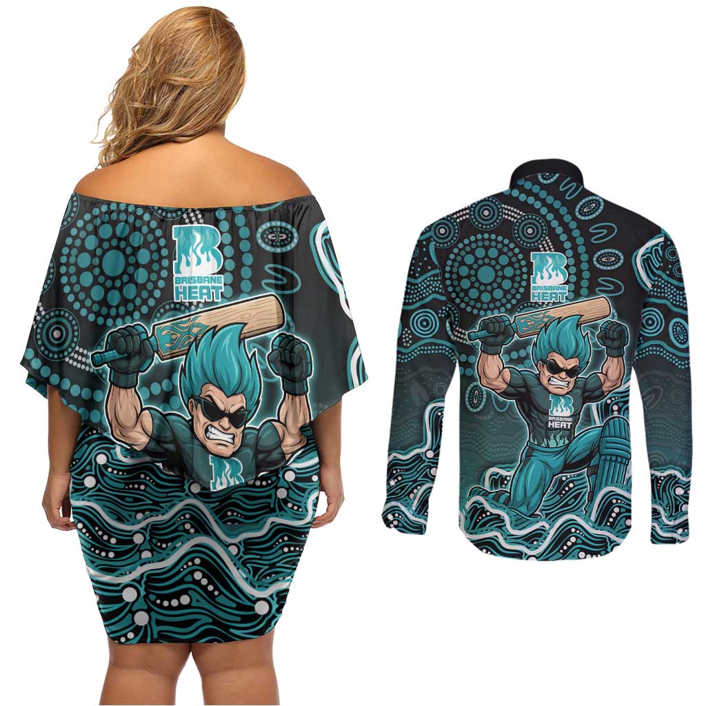 Brisbane Heat Cricket Mascot Couples Matching Off Shoulder Short Dress and Long Sleeve Button Shirt Aboriginal Dot Art Cyan And Black Tribal Pattern