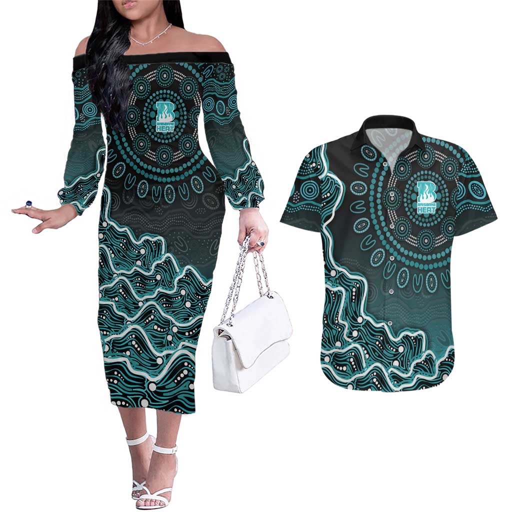 Brisbane Heat Cricket Mascot Couples Matching Off The Shoulder Long Sleeve Dress and Hawaiian Shirt Aboriginal Dot Art Cyan And Black Tribal Pattern