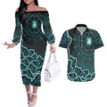 Brisbane Heat Cricket Mascot Couples Matching Off The Shoulder Long Sleeve Dress and Hawaiian Shirt Aboriginal Dot Art Cyan And Black Tribal Pattern