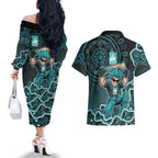 Brisbane Heat Cricket Mascot Couples Matching Off The Shoulder Long Sleeve Dress and Hawaiian Shirt Aboriginal Dot Art Cyan And Black Tribal Pattern