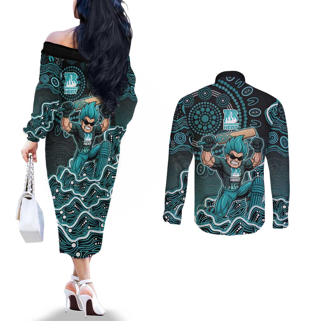 Brisbane Heat Cricket Mascot Couples Matching Off The Shoulder Long Sleeve Dress and Long Sleeve Button Shirt Aboriginal Dot Art Cyan And Black Tribal Pattern