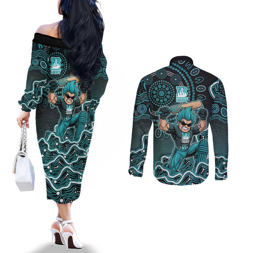 Brisbane Heat Cricket Mascot Couples Matching Off The Shoulder Long Sleeve Dress and Long Sleeve Button Shirt Aboriginal Dot Art Cyan And Black Tribal Pattern
