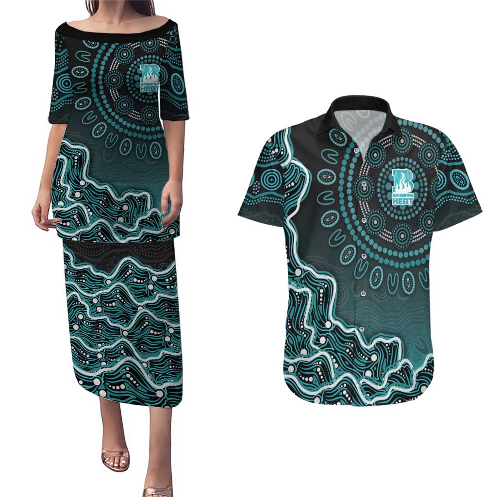 Brisbane Heat Cricket Mascot Couples Matching Puletasi and Hawaiian Shirt Aboriginal Dot Art Cyan And Black Tribal Pattern