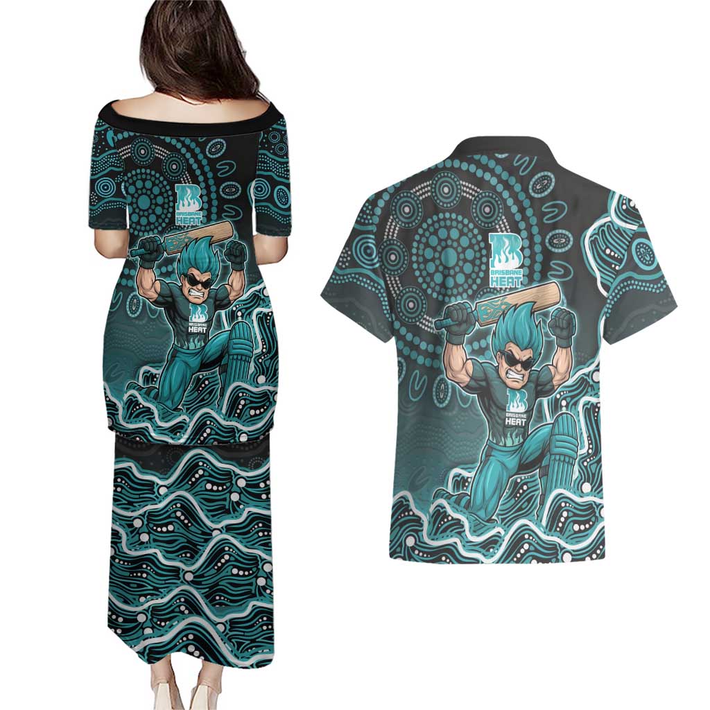 Brisbane Heat Cricket Mascot Couples Matching Puletasi and Hawaiian Shirt Aboriginal Dot Art Cyan And Black Tribal Pattern