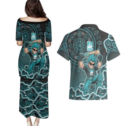 Brisbane Heat Cricket Mascot Couples Matching Puletasi and Hawaiian Shirt Aboriginal Dot Art Cyan And Black Tribal Pattern