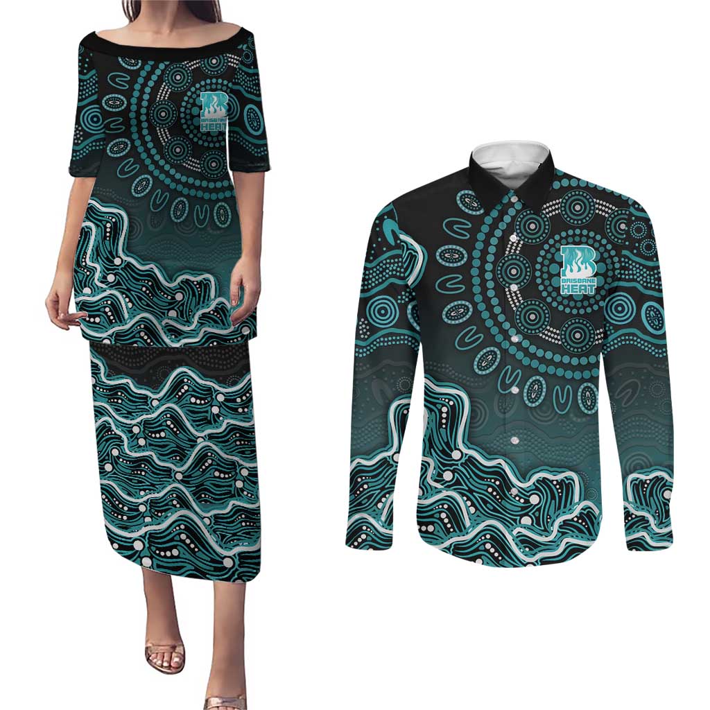 Brisbane Heat Cricket Mascot Couples Matching Puletasi and Long Sleeve Button Shirt Aboriginal Dot Art Cyan And Black Tribal Pattern