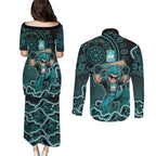 Brisbane Heat Cricket Mascot Couples Matching Puletasi and Long Sleeve Button Shirt Aboriginal Dot Art Cyan And Black Tribal Pattern