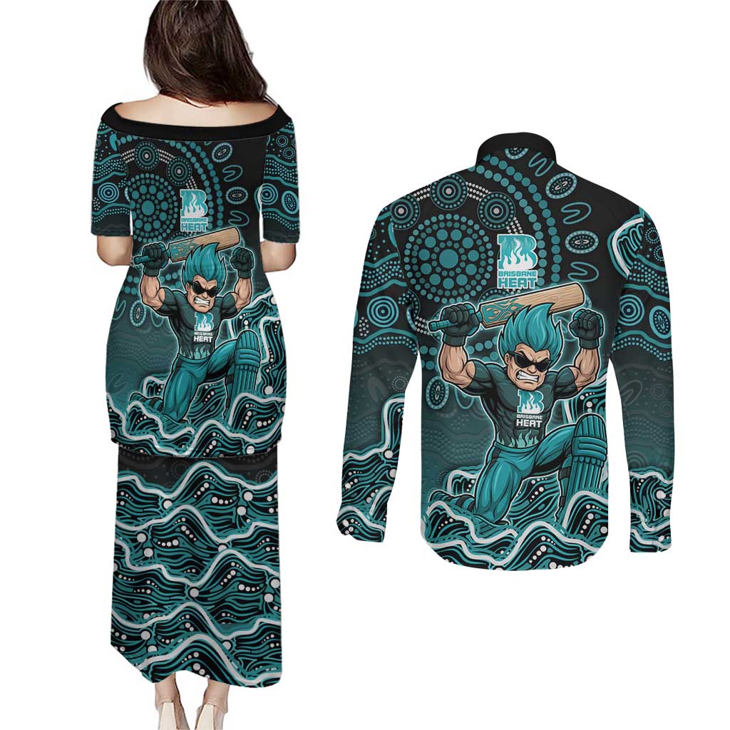 Brisbane Heat Cricket Mascot Couples Matching Puletasi and Long Sleeve Button Shirt Aboriginal Dot Art Cyan And Black Tribal Pattern