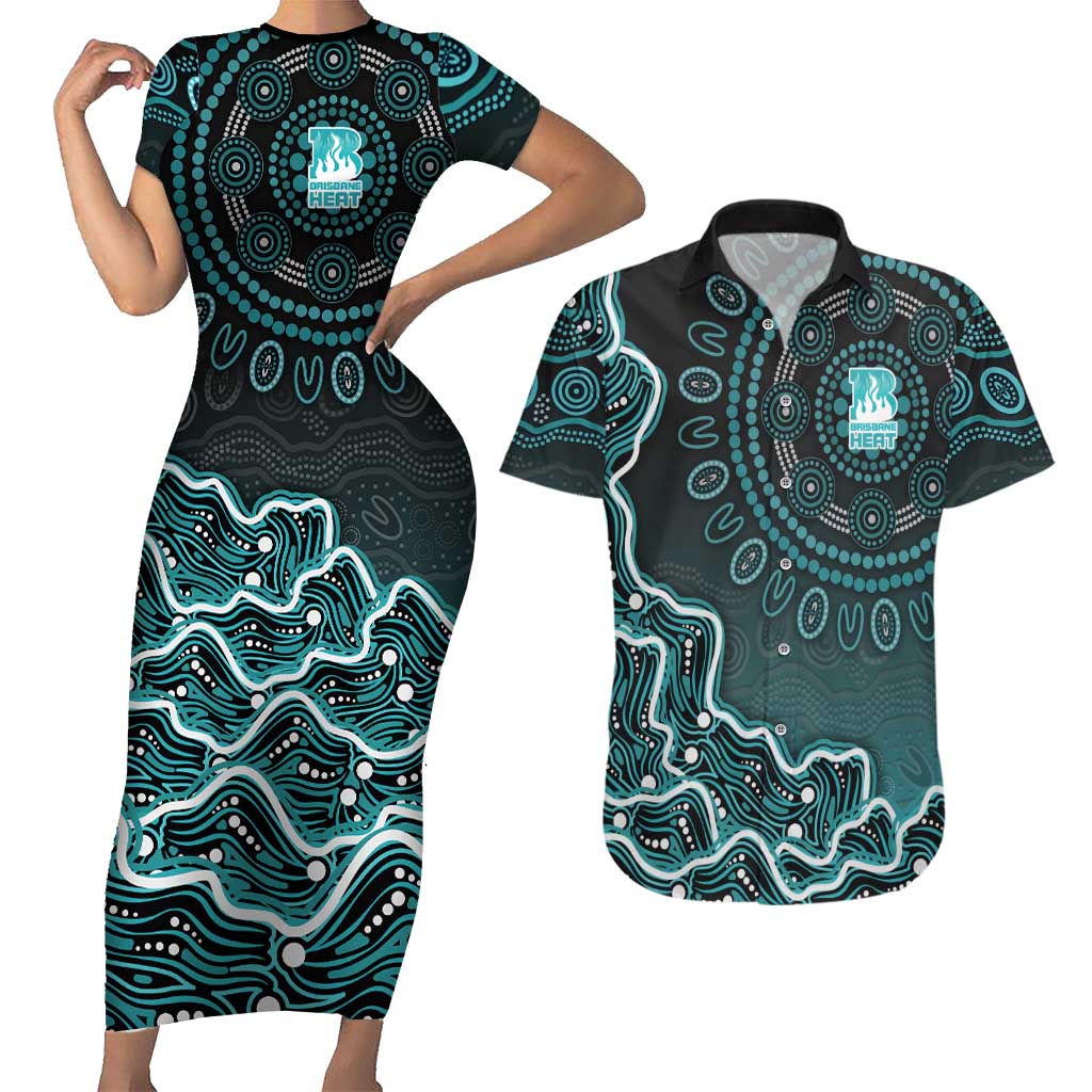 Brisbane Heat Cricket Mascot Couples Matching Short Sleeve Bodycon Dress and Hawaiian Shirt Aboriginal Dot Art Cyan And Black Tribal Pattern