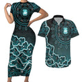Brisbane Heat Cricket Mascot Couples Matching Short Sleeve Bodycon Dress and Hawaiian Shirt Aboriginal Dot Art Cyan And Black Tribal Pattern
