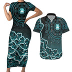Brisbane Heat Cricket Mascot Couples Matching Short Sleeve Bodycon Dress and Hawaiian Shirt Aboriginal Dot Art Cyan And Black Tribal Pattern