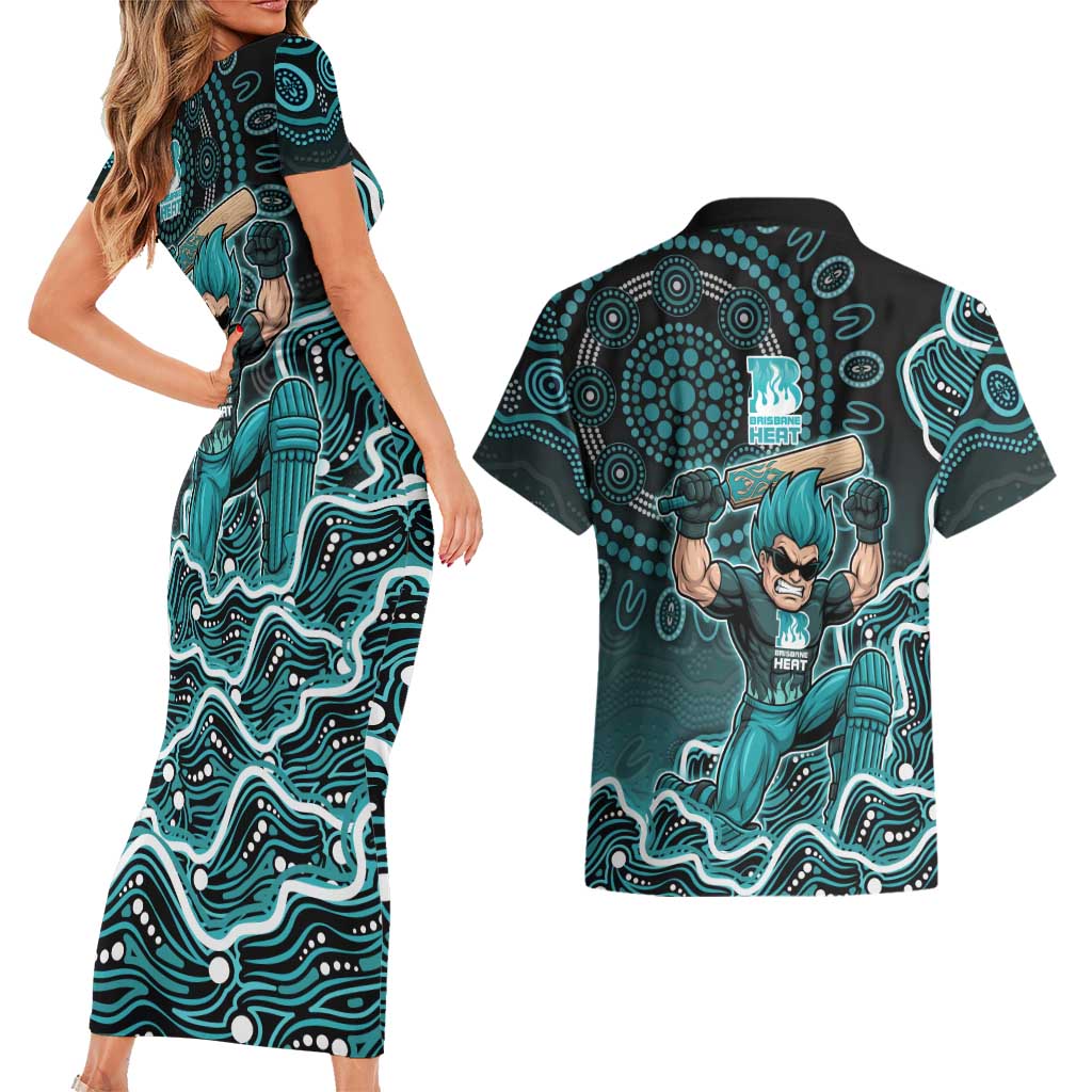 Brisbane Heat Cricket Mascot Couples Matching Short Sleeve Bodycon Dress and Hawaiian Shirt Aboriginal Dot Art Cyan And Black Tribal Pattern