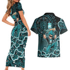 Brisbane Heat Cricket Mascot Couples Matching Short Sleeve Bodycon Dress and Hawaiian Shirt Aboriginal Dot Art Cyan And Black Tribal Pattern