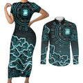 Brisbane Heat Cricket Mascot Couples Matching Short Sleeve Bodycon Dress and Long Sleeve Button Shirt Aboriginal Dot Art Cyan And Black Tribal Pattern