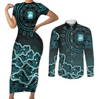 Brisbane Heat Cricket Mascot Couples Matching Short Sleeve Bodycon Dress and Long Sleeve Button Shirt Aboriginal Dot Art Cyan And Black Tribal Pattern