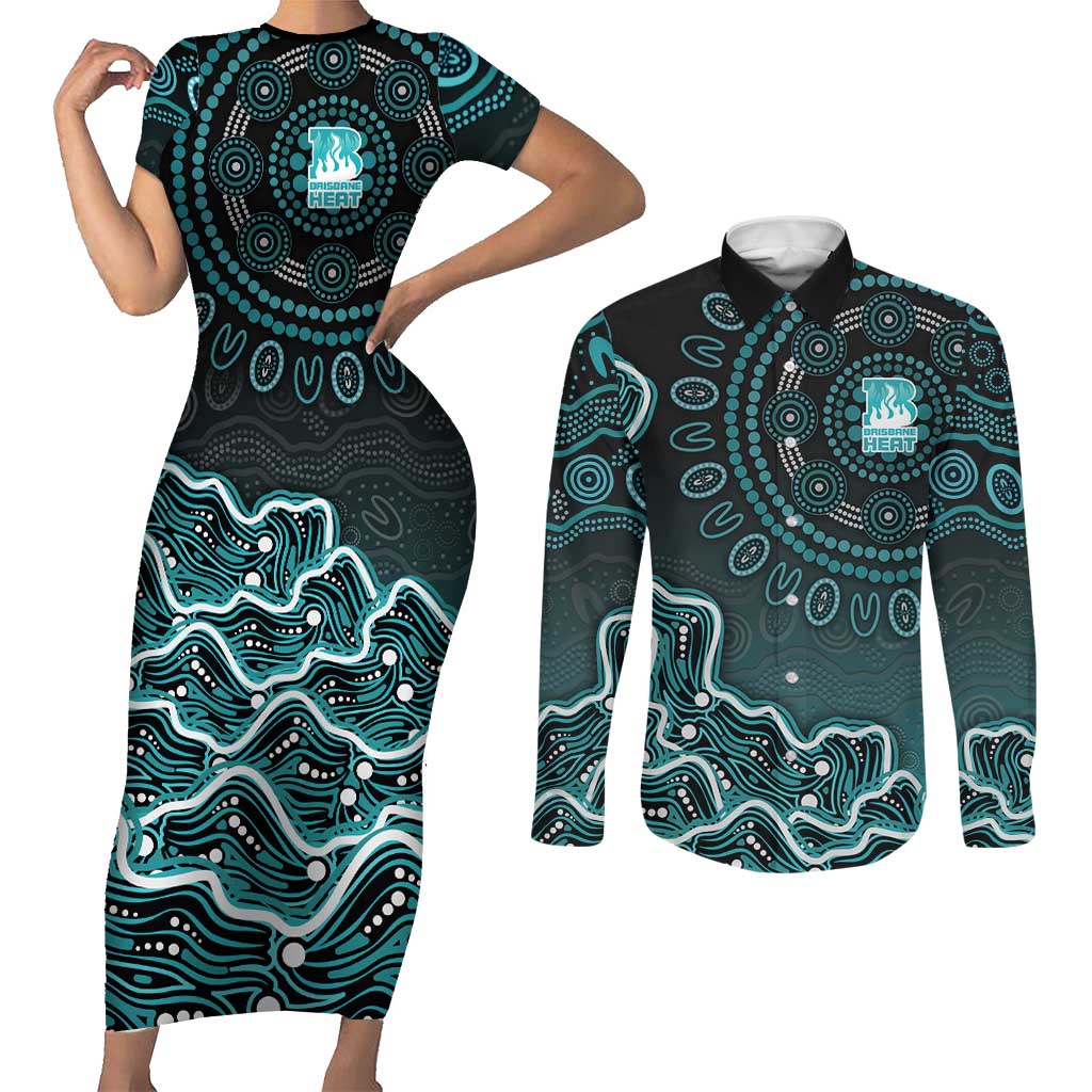 Brisbane Heat Cricket Mascot Couples Matching Short Sleeve Bodycon Dress and Long Sleeve Button Shirt Aboriginal Dot Art Cyan And Black Tribal Pattern