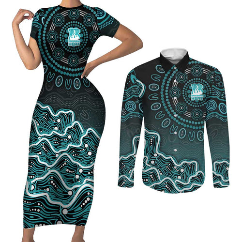 Brisbane Heat Cricket Mascot Couples Matching Short Sleeve Bodycon Dress and Long Sleeve Button Shirt Aboriginal Dot Art Cyan And Black Tribal Pattern