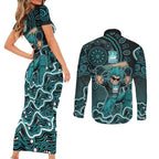 Brisbane Heat Cricket Mascot Couples Matching Short Sleeve Bodycon Dress and Long Sleeve Button Shirt Aboriginal Dot Art Cyan And Black Tribal Pattern