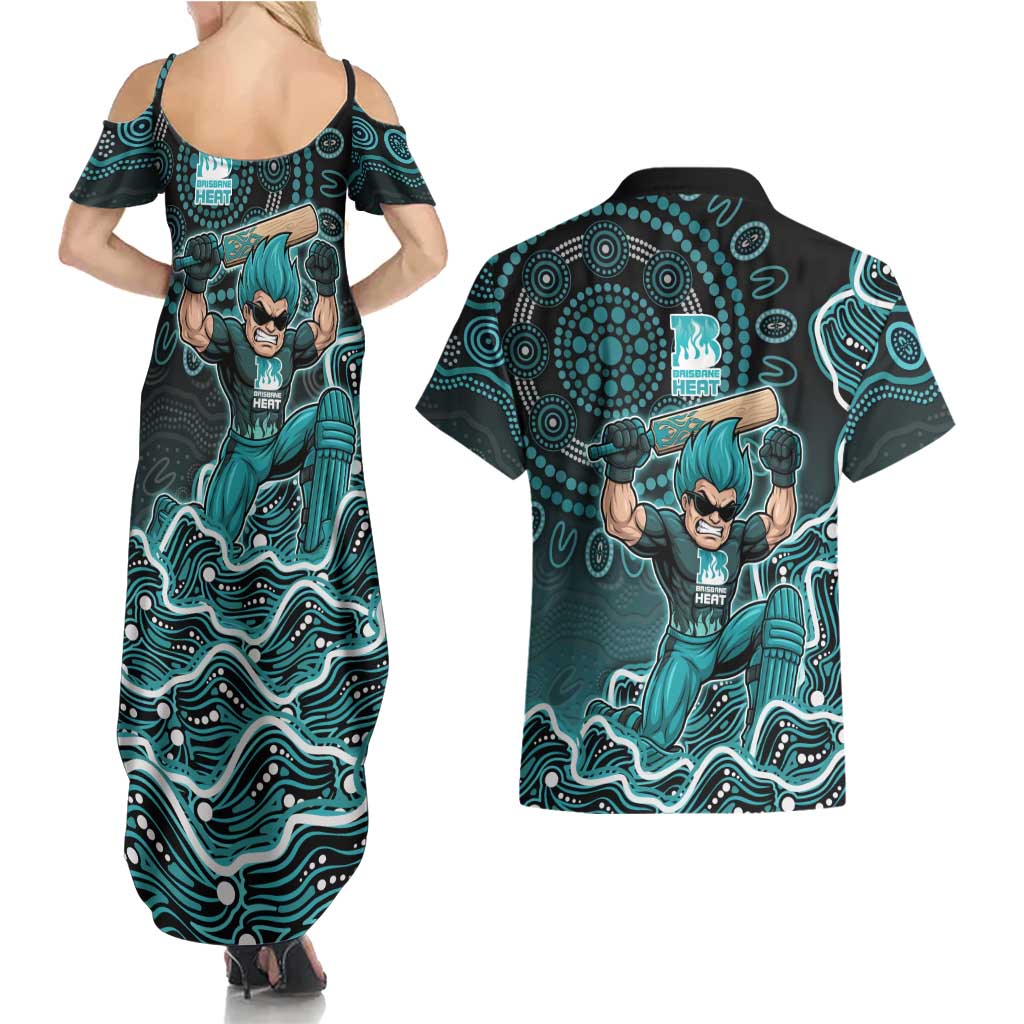 Brisbane Heat Cricket Mascot Couples Matching Summer Maxi Dress and Hawaiian Shirt Aboriginal Dot Art Cyan And Black Tribal Pattern
