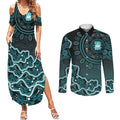 Brisbane Heat Cricket Mascot Couples Matching Summer Maxi Dress and Long Sleeve Button Shirt Aboriginal Dot Art Cyan And Black Tribal Pattern