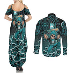 Brisbane Heat Cricket Mascot Couples Matching Summer Maxi Dress and Long Sleeve Button Shirt Aboriginal Dot Art Cyan And Black Tribal Pattern