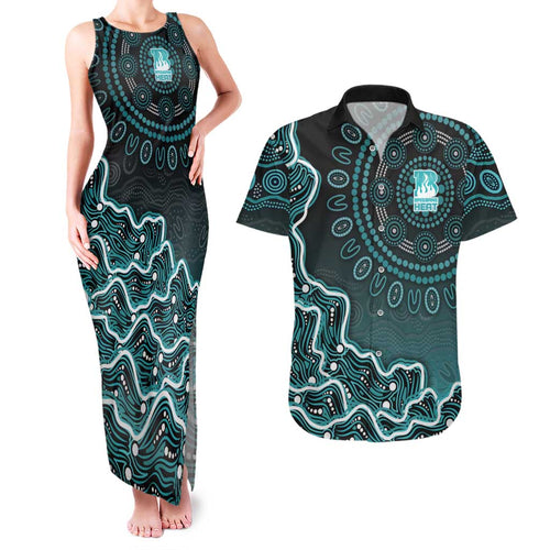 Brisbane Heat Cricket Mascot Couples Matching Tank Maxi Dress and Hawaiian Shirt Aboriginal Dot Art Cyan And Black Tribal Pattern