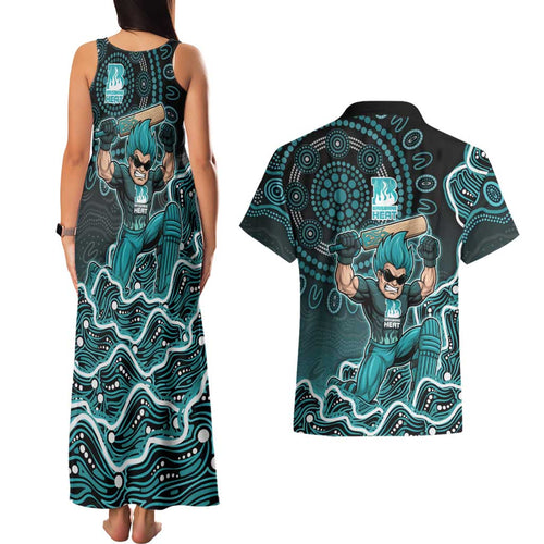 Brisbane Heat Cricket Mascot Couples Matching Tank Maxi Dress and Hawaiian Shirt Aboriginal Dot Art Cyan And Black Tribal Pattern