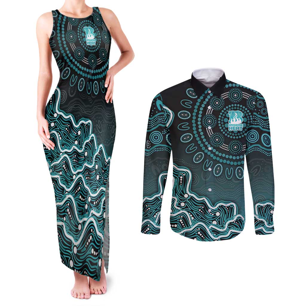 Brisbane Heat Cricket Mascot Couples Matching Tank Maxi Dress and Long Sleeve Button Shirt Aboriginal Dot Art Cyan And Black Tribal Pattern