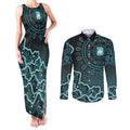 Brisbane Heat Cricket Mascot Couples Matching Tank Maxi Dress and Long Sleeve Button Shirt Aboriginal Dot Art Cyan And Black Tribal Pattern