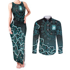 Brisbane Heat Cricket Mascot Couples Matching Tank Maxi Dress and Long Sleeve Button Shirt Aboriginal Dot Art Cyan And Black Tribal Pattern